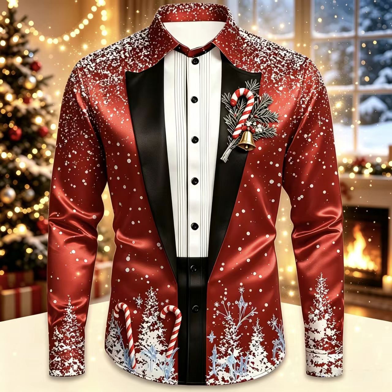 Mens Satin Silk Dress Shirt - Heren Kerst Satijnen Overhemd met Lange